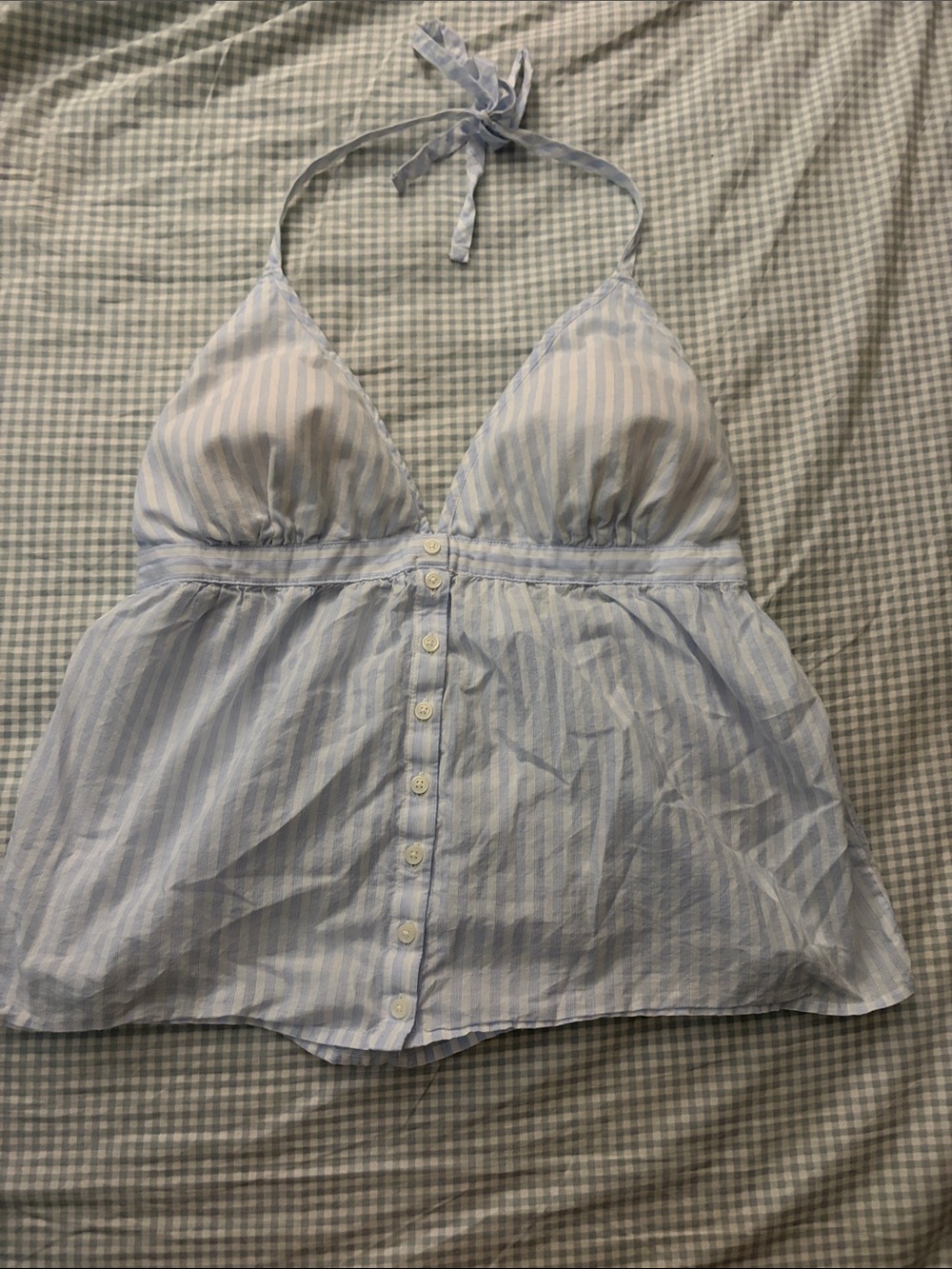 Light Blue Striped Halter Button-Front Women's Top